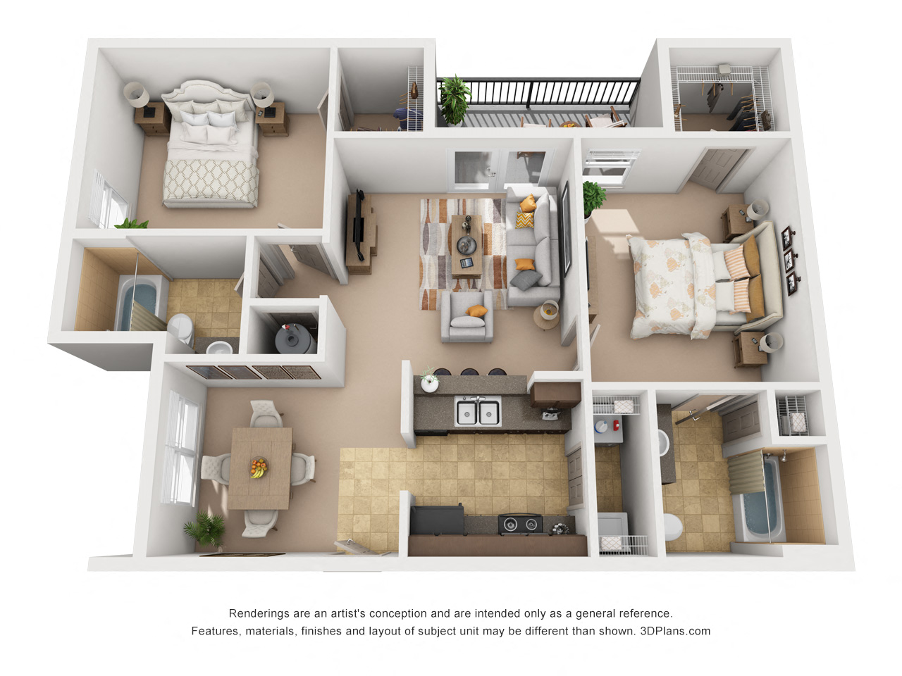 Floor plan for 2 beds, 2 baths, 967 sqft
